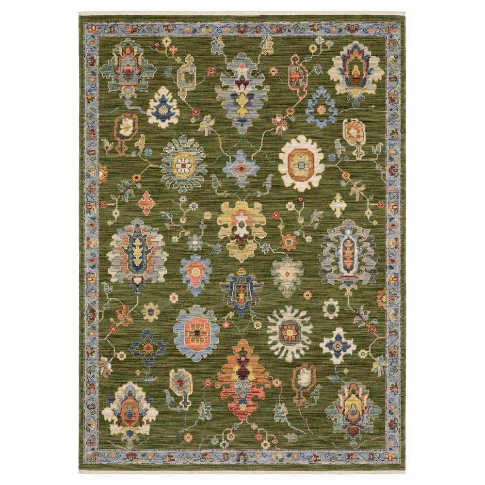 Green and Blue Wool Synthetic Oriental Runner Rug, 2' x 6'