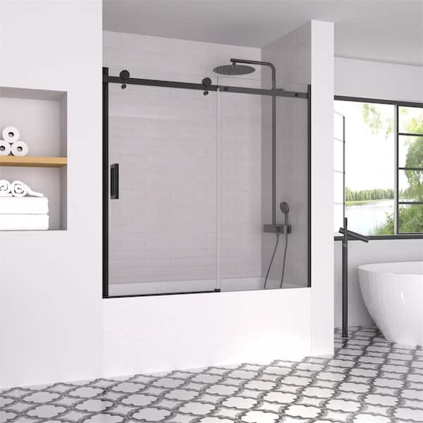 Modern 60 in. W x 58 in. H Single Sliding Frameless Tub Door in Matte Black Finish with 5/16 in. (8mm) Clear Glass