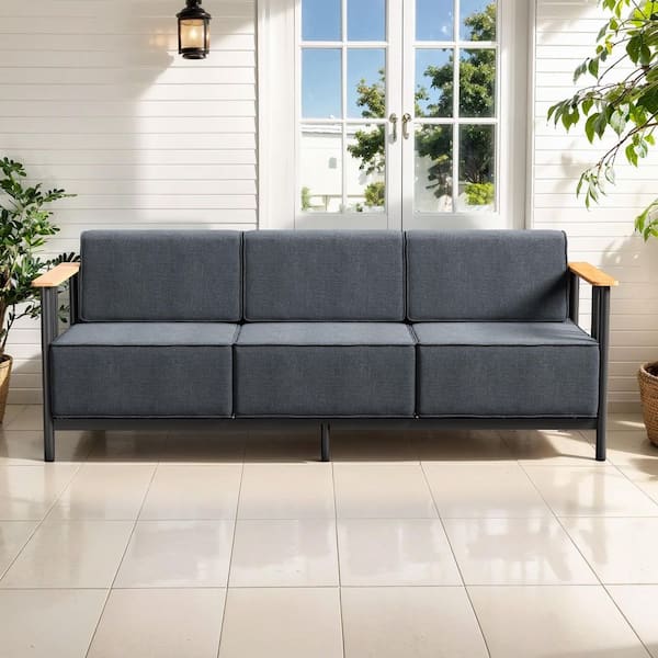 Arcadia Black Metal Outdoor 3-Seat Couch with 10 in. Thick Drak Gray Box-Edge Cushions