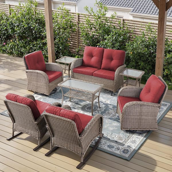 PlainCurve 8-Piece Gray Wicker Patio Conversation Set with Glider Loveseat and Olefin Red Cushions