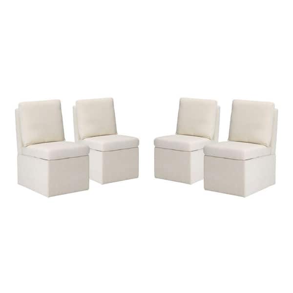 Stansberry Chenille Cream Fabric Upholstered Armless Dining Chair with Lift-Seat Storage and Caster Wheels (Set of 4)