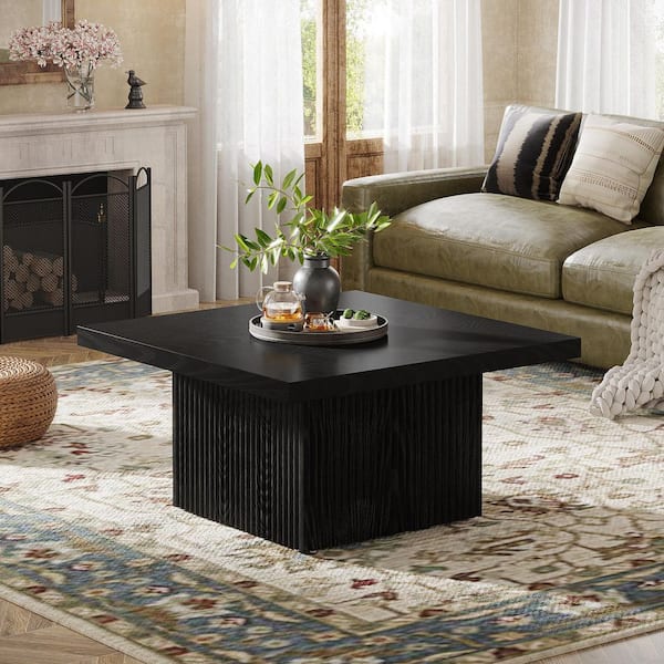Allan 31.5 in. Black Square Wood Coffee Table with Wave-Fluted Base, Vintage Large Cocktail Table for Living Room