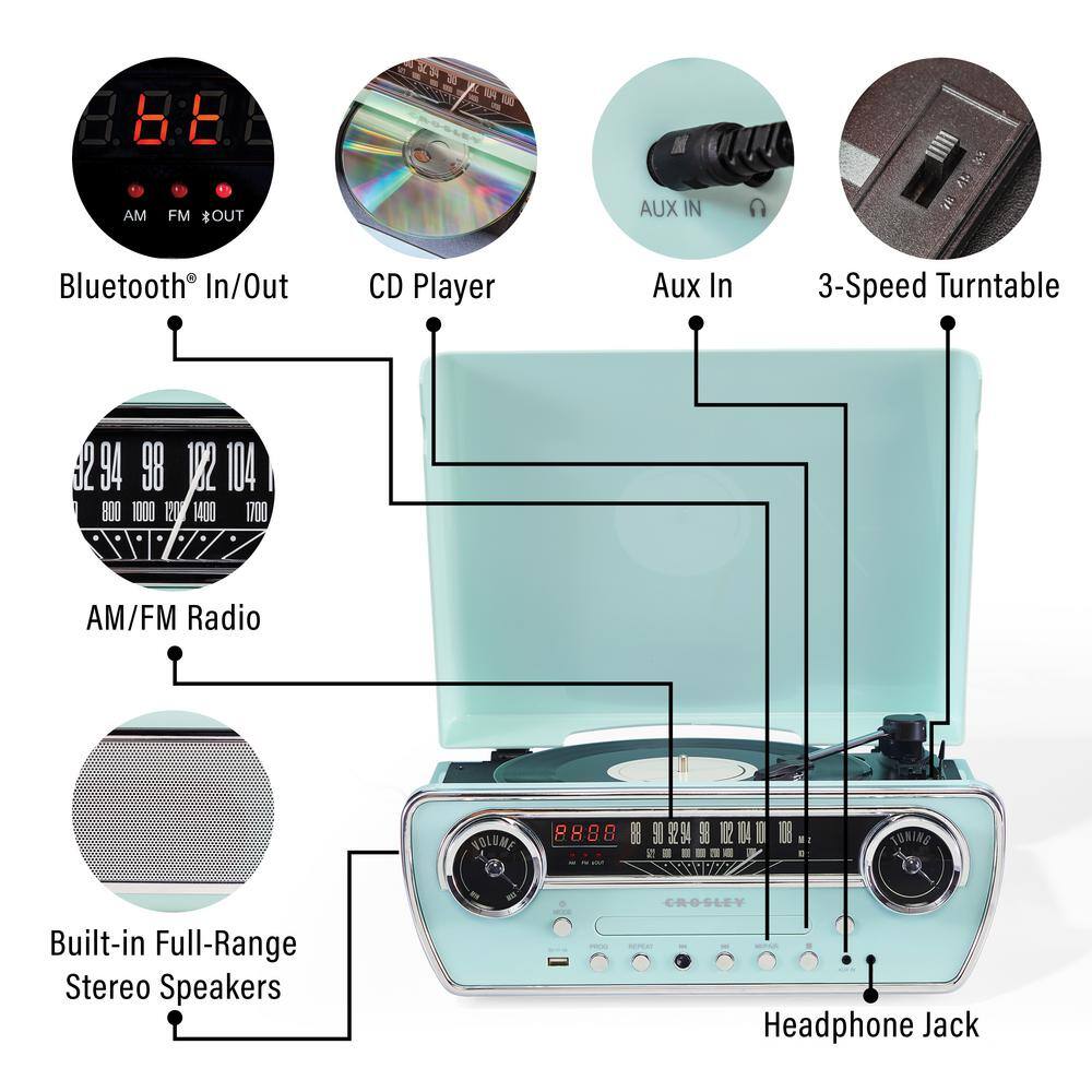 Aqua Blue Retro Style 7-in-1 Record Player with AM/FM Radio