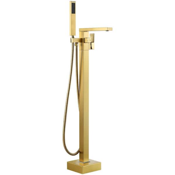 Single-Handle Claw Foot Tub Faucet Freestanding Floor Mount Roman Tub Faucet with Waterfall Spout in Brushed Gold