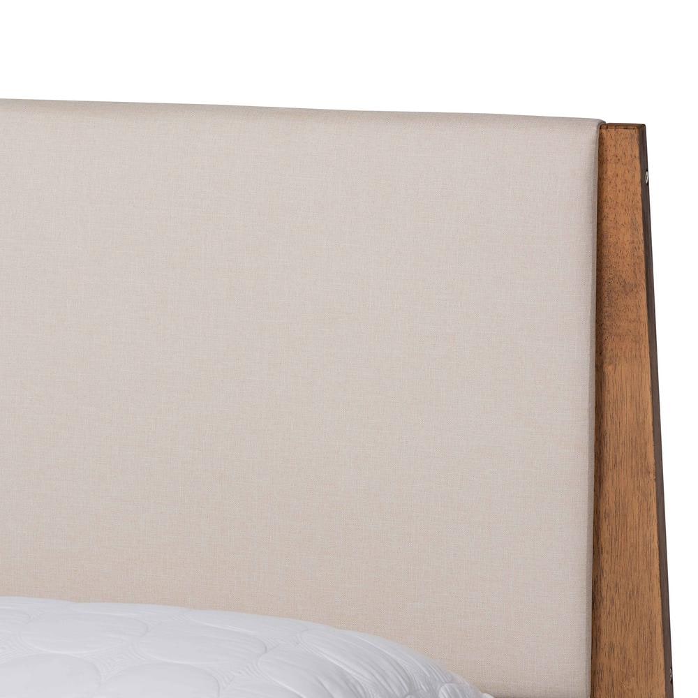 Beige Upholstered Queen Bed with Walnut Wood Frame