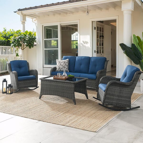 Bellefurn WellCane Gray 4-Piece Wicker Patio Conversation Set with Blue Cushion, Outdoor Sofa set with Rocking Chairs and Table