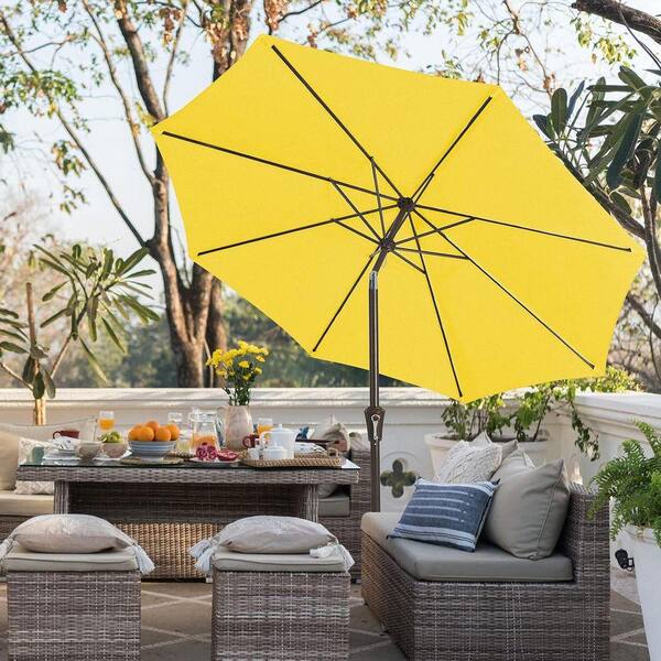 8 patio table umbrella Outsunny 8-Piece Patio Dining Set with 9 Ft Umbrella, Mixed Brown