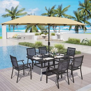 8-Piece Metal Patio Outdoor Dining Set with Beige Umbrella