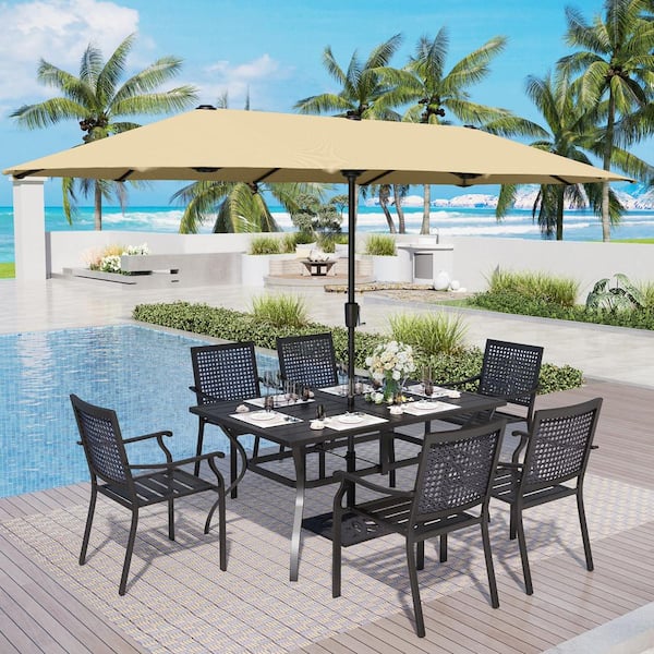 PHI VILLA 8-Piece Metal Patio Outdoor Dining Set with Beige Umbrella
