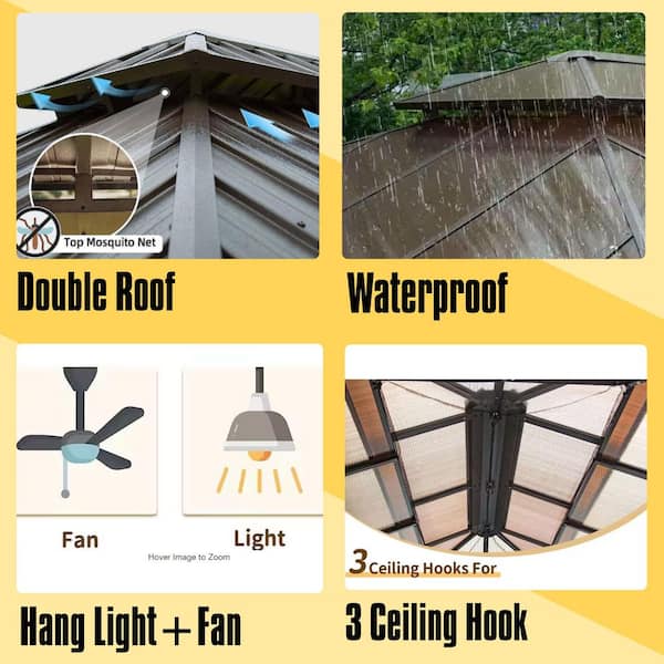 12 ft. x 16 ft. Hardtop Gazebo, Aluminum Permanent Outdoor Gazebo with Polycarbonate Double Roof, with Curtain and Net