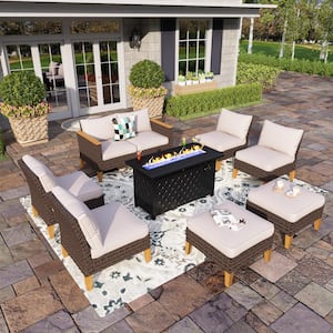 Brown Wicker Rattan 8 Seat 9-Piece Steel Outdoor Patio Conversation Set with Beige Cushions, Rectangular Fire Pit Table
