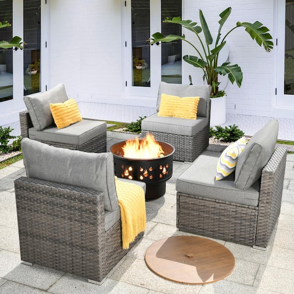 XIZZI Solar 5-Piece Wicker Outdoor Patio Conversation Sofa Seating Set with a Wood-Burning Fire Pit and Drak Gray Cushions