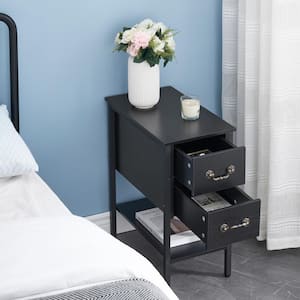Black End Table, Narrow Chairside Table 2-Drawers and Open Storage Shelf, Nightstand 20.5 in. L x 11.8 in. W x 23.6 in.