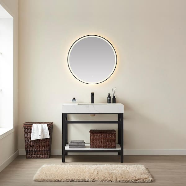 Funes 36 in. W x 22 in. D x 33.9 in. H Single Sink Bath Vanity in Matt Black Metal Stand with White Sintered Stone Top