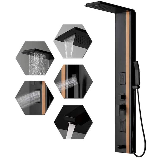 BWE 2-Jet Rainfall Shower Panel System with Rainfall Waterfall Shower Head and Shower Wand in Black Bamboo