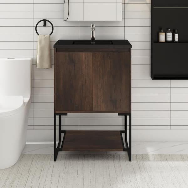 JimsMaison Allen 24 in. W x 19 in. D x 34 in. H Freestanding Bath Vanity in Rose Wood with Black Cultured Mable Top