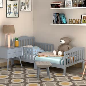 Kids Toddler Wood Bed Bedroom Furniture w/ Guardrails Gray