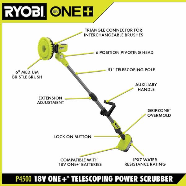 RYOBI P4500K ONE+ 18V Cordless Telescoping Power Scrubber Kit with 2.0 Ah Battery and Charger - 3