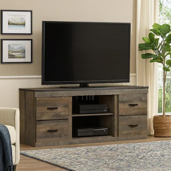60 in. Brown Wood TV Stand Fits TVs up to 65 in. with 2-Shelves and 4-Drawers