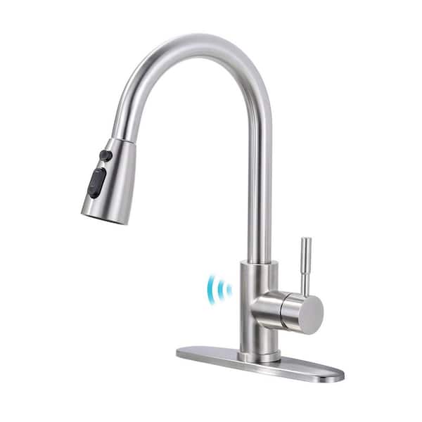 15.3 in. Touchless Sensor Single Handle Pull Down Sprayer Kitchen Faucet with 360° Spout in Stainless Steel Nickel