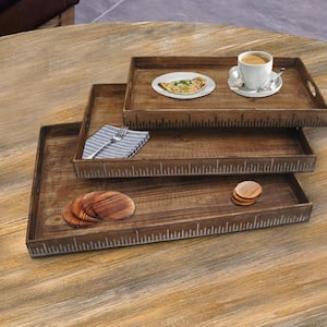 Brown Wooden Tray with Grain Details and Cut Out Handles (Set of 3)