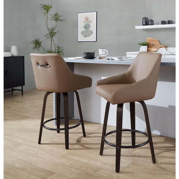 Hannah 26 in. Walnut Glazed Wood and Brown Faux Leather with Round Black Metal Fixed-Height Counter Stool (Set of 2)