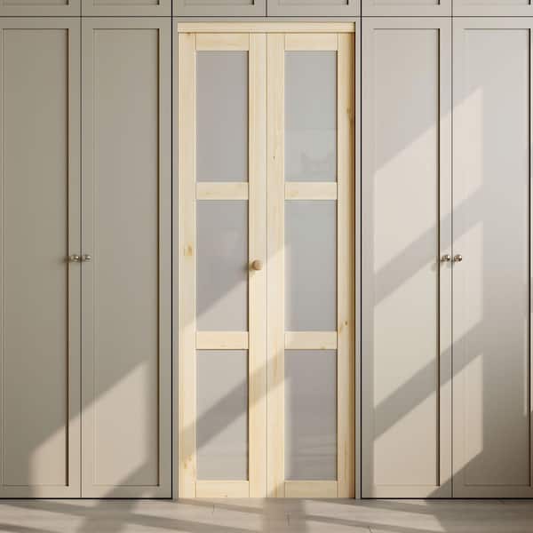 30 in. x 80 in. 3-Lite Frosted Glass Solid Core Unfinished Pine Glass Interior Closet Bi-fold Door with Hardware