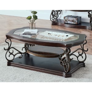 52 in. Brown Rectangle Wood Cocktail Table Glass Table Top, End Table Coffee Table With Shelf for Living Room Office