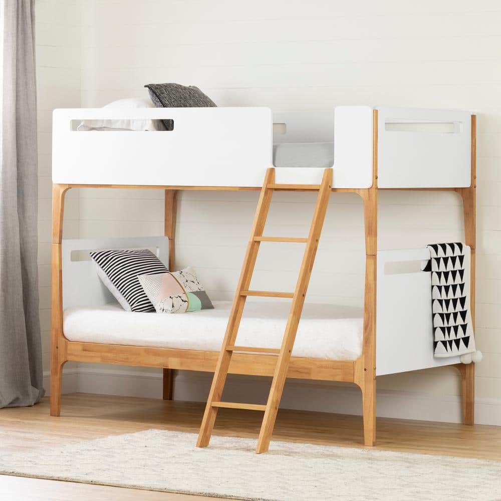 Twin White and Natural Wood Bunk Bed with Guardrails