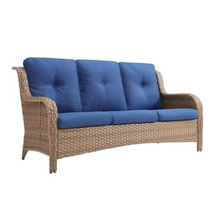 3 Seat Wicker Outdoor Patio Sofa Couch with Deep Seating and Cushions, Suitable for Porch Deck Balcony(Yellow/Blue)