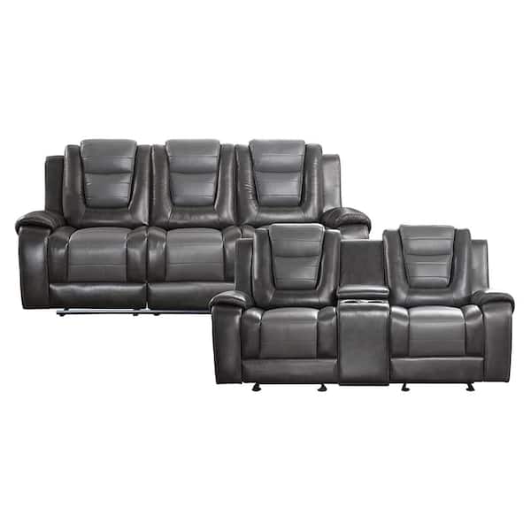 Lazzara Danio 85.5 in. W Straight Arm Faux Leather Rectangle 2-Piece Manual Reclining Sofa Set in. 2-Tone Gray