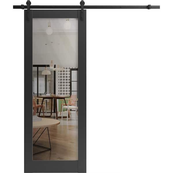 32 in. x 84 in. 1 Panel Clear Glass Black Matte Solid Wood Sliding Barn Door with Hardware Kit