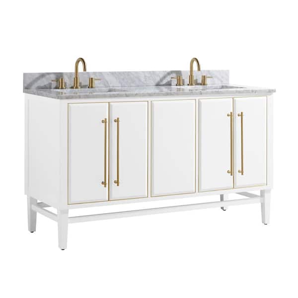Mason 61 in. Double Sink White with Gold Trim Bath Vanity with Carrara White Marble Top