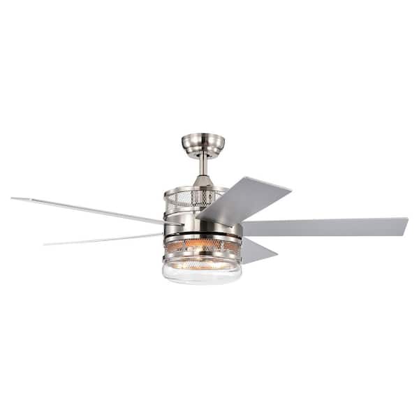 52 in. Indoor Ceiling Fan Lights with 5 Plywood Blades, Dual Lamp Shade and Remote Control, Satin Nickel