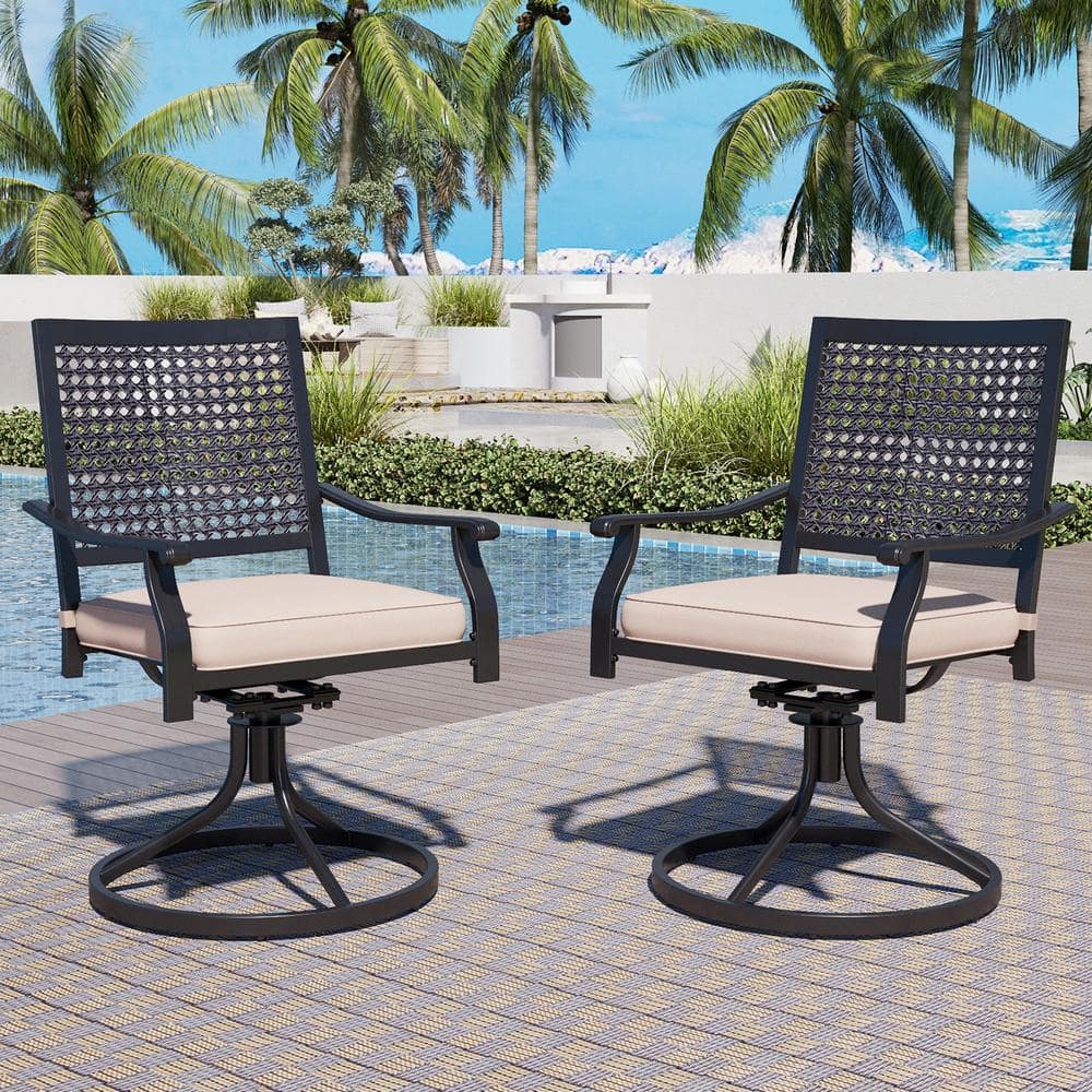 PHI VILLA Black Swivel Metal Outdoor Dining Chair with Beige PHI VILLA Black Swivel Metal Outdoor Dining Chair with Beige
