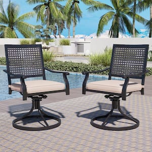 Black Swivel Metal Outdoor Dining Chair with Beige Cushion (2-Pack)