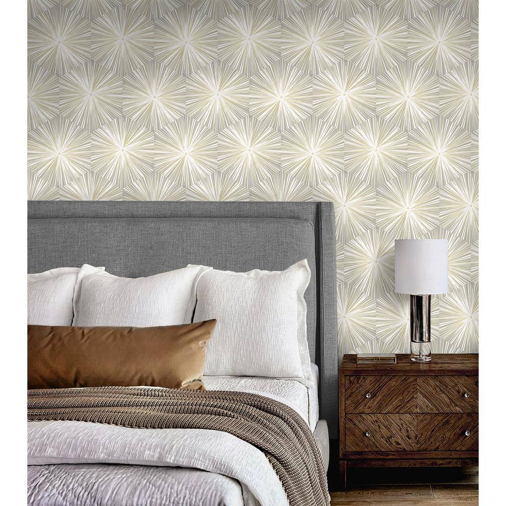 Grey and Metallic Gold Hex Starburst Peel and Stick Wallpaper