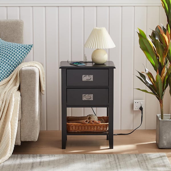 Nightstand Set of 2-with Charging Station, Black End/Side Table with USB Ports, Nightstands with 2-Drawers Storage Shelf
