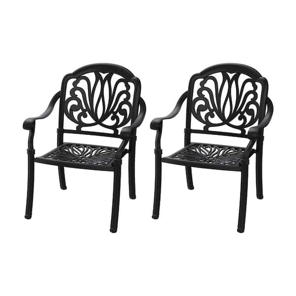 Cast Aluminum Outdoor Patio Dining Chair 2PCS with Black Frame and Brown Cushions