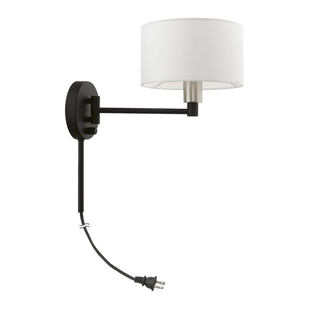 Black and Brushed Nickel Swing Arm Wall Lamp with Off-White Shade