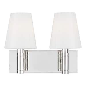 Beckham Classic 12.375 in. W 2-Light Polished Nickel Bathroom Vanity Light with White Milk Glass Shades