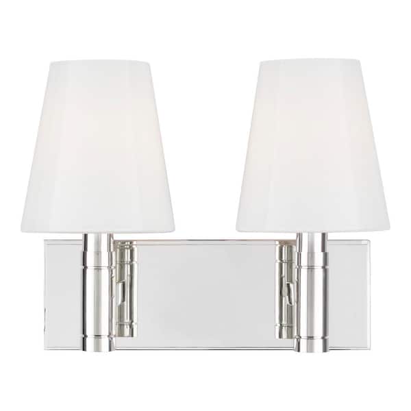 Beckham Classic 12.375 in. W 2-Light Polished Nickel Bathroom Vanity Light with White Milk Glass Shades