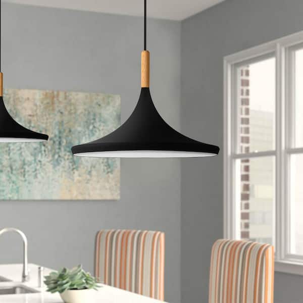 YANSUN 1-Light Industrial Farmhouse Matte Black Hanging Kitchen Island Pendant Light with Metal Shade