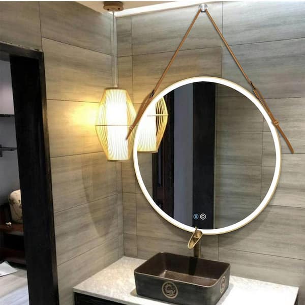 Zeus & Ruta 32 in. W x 32 in. H Round Framed Wall Mounted Bathroom Vanity Mirror with Lights Smart 3 Lights in Gold