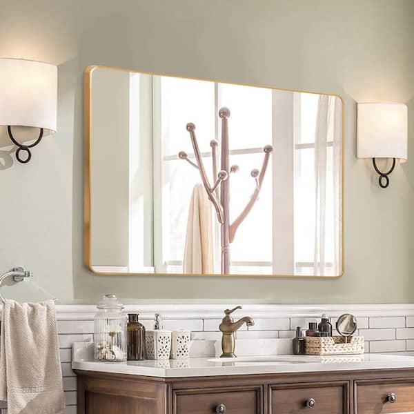 Dovelina Medium Rectangle Gold Hooks Modern Mirror (38 in. H x 26 in. W)
