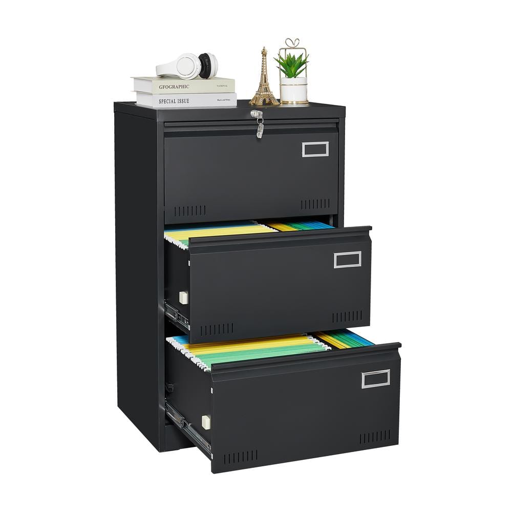 Black 3-Drawer Lockable Metal Lateral File Cabinet