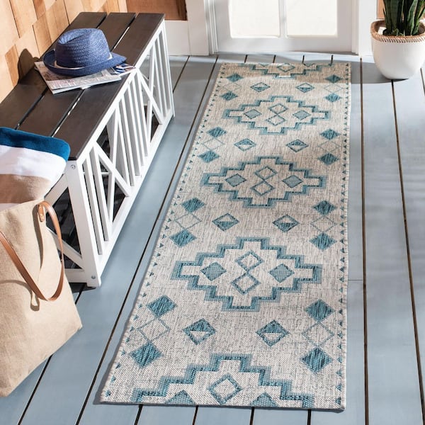 Courtyard Gray/Teal 2 ft. x 10 ft. Aztec Tribal Indoor/Outdoor Runner Rug