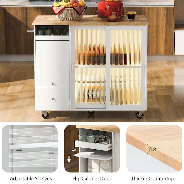 White Wood 44.03 in. Kitchen Island with Drop Leaf, LED Light, 2 Fluted  Glass Doors and 1 Flip Cabinet Door, 2 Drawers W1101-KIWH - The Home Depot