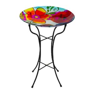 18 in. Multi-Colored Hand Painted Glass Floral Pattern Outdoor Patio Bird Bath