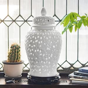 24" Bamboo Lattice Temple Jar - White